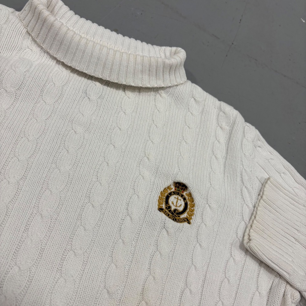 Lauren Ralph Lauren Cable Knit Turtleneck Sweater Cream White Crest Logo